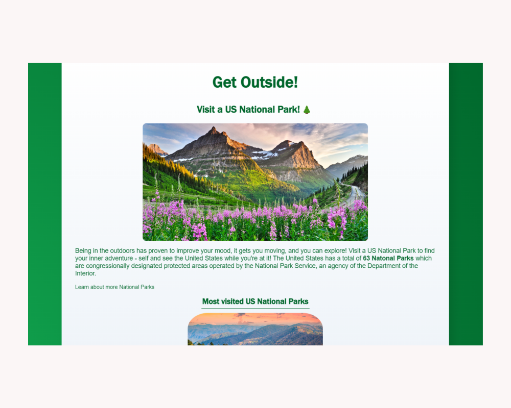 Screenshot of US Parks Landing Page